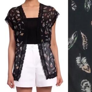 The Kooples Sleeveles Open Front Black Feather Print Chiffon Lace Cardigan Top M